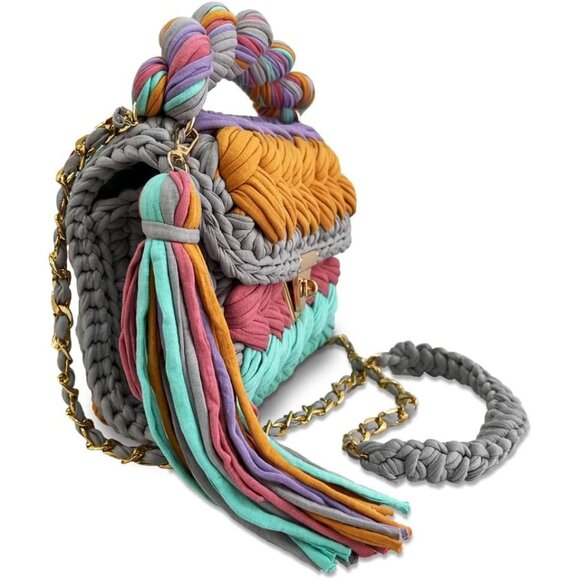 Women's Multi Crochet Handmade Small Evening Formal Flap Crossbody Clutch Bag - Picture 3 of 6